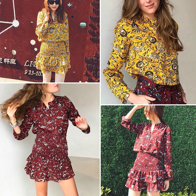 

WISHBOP 2019 Floral Print Top Blouse Shirt Front Button up Long Sleeves+Short Ruffled Skirt High Smocked Waist 2 pieces set