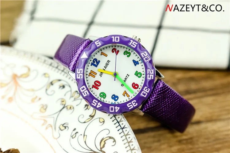 Прямая, Детские 3D наручные часы для мальчиков и девочек, простой цветной циферблат, легко обучающий ремешок из искусственной кожи, подарок на день рождения - Цвет: Фиолетовый