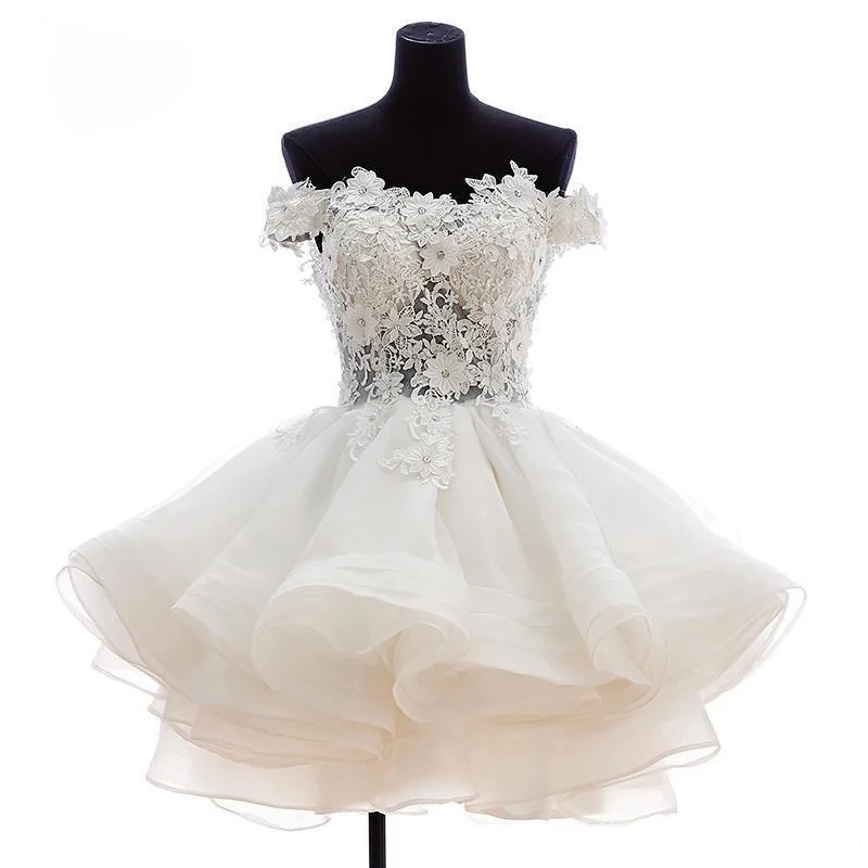 

Pure White Short Ball Gowns Off the Shoulder Lace Appliques Evening Gowns Custom Made Empire Formal Party Tulle Dresses