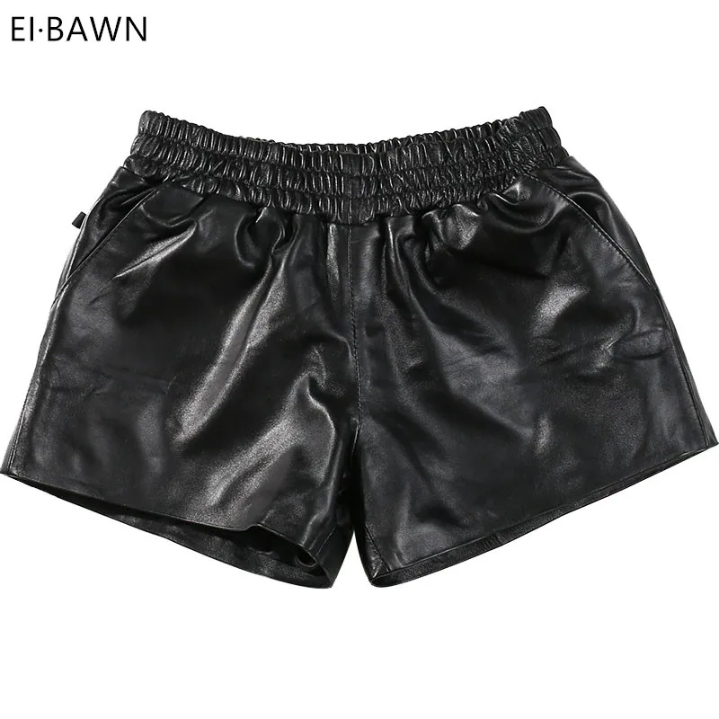 Vrouwen Echt Lederen Broek Zwarte Elastische Taille Koreaanse Stijl Vrouwelijke Klassieke Korte Broek Real Schapenvacht Dames Mini Sexy Shorts
