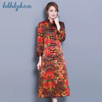 

Floral Print Embroidery Long-sleeved Knee-Length Dresses Women 2018 Winter New Fashion Retro Slim Cotton Rabbit Hair Dress CX206