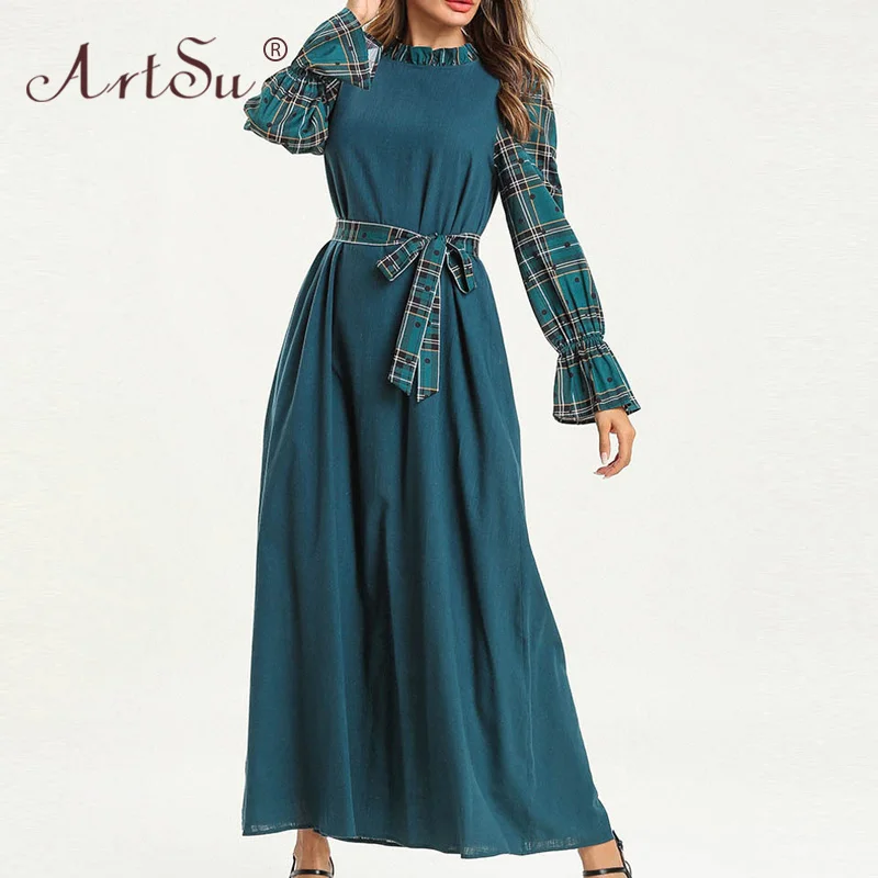 

ArtSu Casual 4XL Plus Size Robe Femme Spring Ruffle Round Neck Women Vintage Maxi Dress Plaid Green Vestidos Long Sleeve 2019