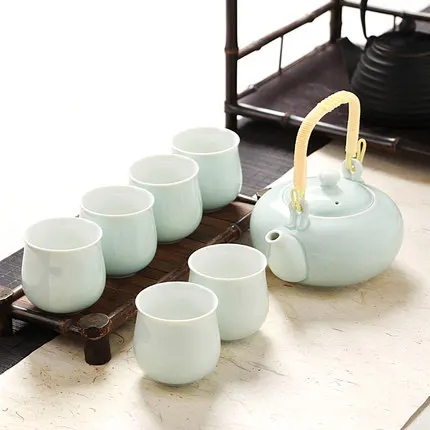  Ceramic Kung Fu Tea Set Celadon Big Lifting Beam Pot Portable Teapot Complete Set Tea Set Office Ho