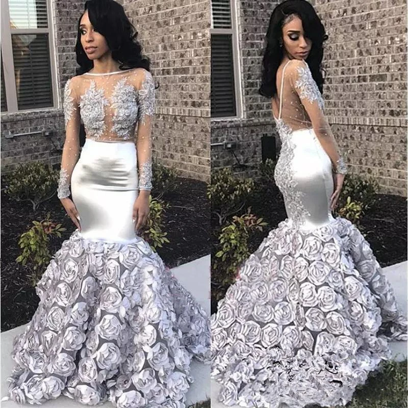 Zilver Afrikaanse Mermaid Avondjurk 2019 Nieuwe Rose Bloem Rok Lange Mouwen Elegante Prom Dresses Abendkleider Robe de soiree Zilver Afrikaanse Mermaid Avondjurk 2019 Nieuwe Rose Bloem Rok Lange Mouwen Elegante Prom Dresses Abendkleider Robe de soiree