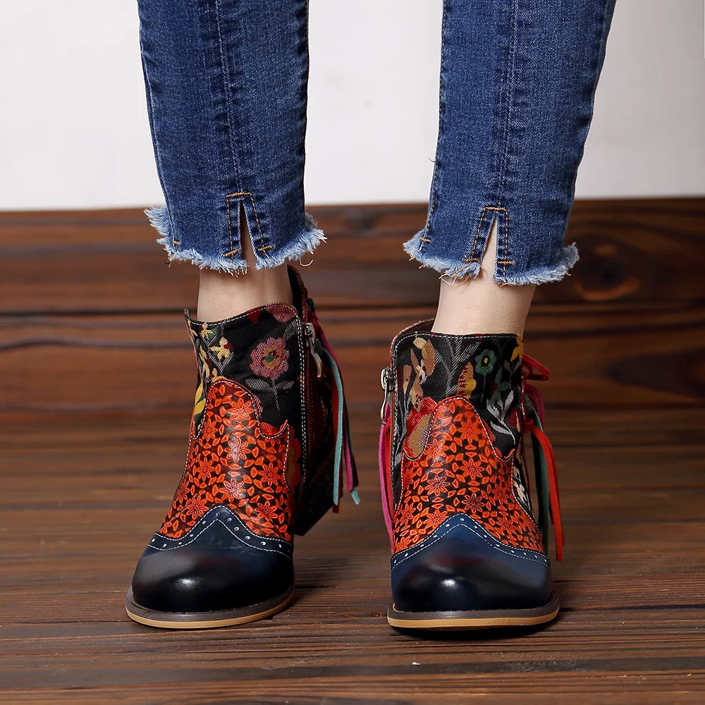 

European And American Cross-Border 19 New Style Leather Fine Print Fringed Ms Jacquard with Boots Leisure Fashion Cowboy Boots