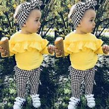 Комплект одежды для маленьких девочек, модные однотонные топы с длинными рукавами и рюшами для девочек, штаны в клетку повязка на голову, наряд комплект для новорожденных, ubranka dla niemowlat