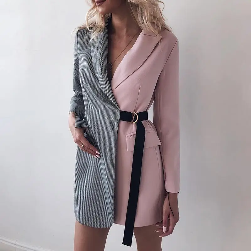 

2019 Spring Women Fashion Elegant Patchwork Bandage Jacket Female Office Knot Side Houndstooth Print Two Tone Coat