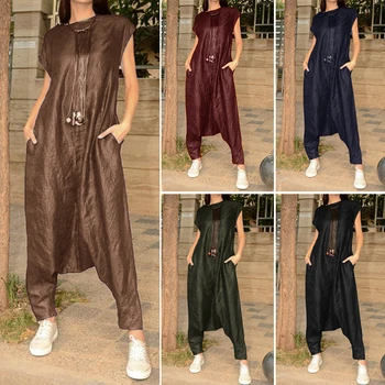 

Plus Size Overalls Women's Drop Crotch Jumpsuits 2020 ZANZEA Summer Cargo Pants Palazzo Female Short Sleeve Rompers Playsuits
