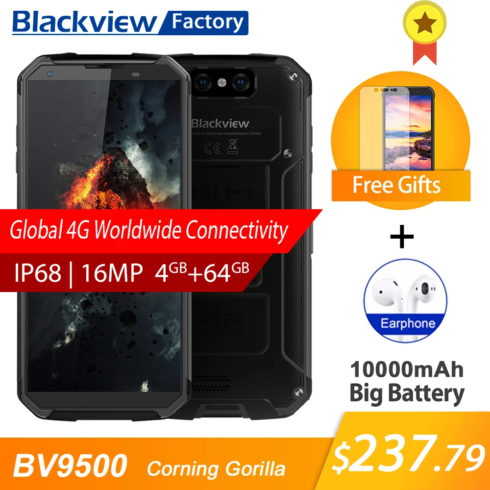 

BLACKVIEW BV9500 IP68 waterproof 5.7"18:9 FHD Smartphone 4G Android 8.1 4GB+64GB 10000mAh wireless charging NFC mobile phone GPS