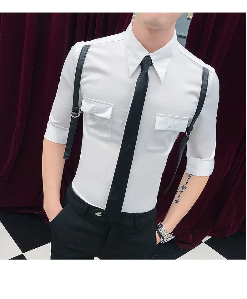 Летнее платье 2019 Мужские красные рубашки модная рабочая одежда Camicia Elegante Uomo пояс Униформа черные мужские Клубные рубашки мужские белые