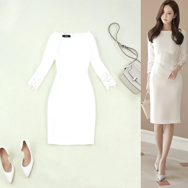 

Spring and Autumn New Large Size Women's White Slim Hip OL Three Quarter Sleeve Dress Solid Color Elegant Dress