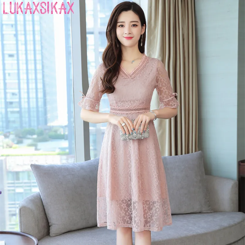 

LUKAXSIKAX 2019 Women Summer Dress High Quality Half Sleeve V-Neck Lace Dress Elegant Vintage Party Dresses Vestidos