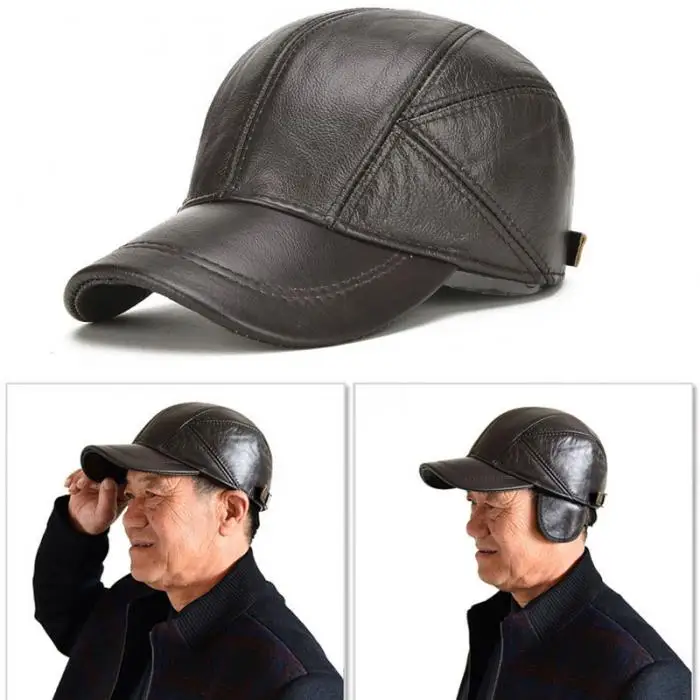 Men Cap Warm Winter Baseball Caps Genuine Leather Adjustable Hat with Ear Flaps Adult Solid Color Fashion Casual Men hat 3 Color