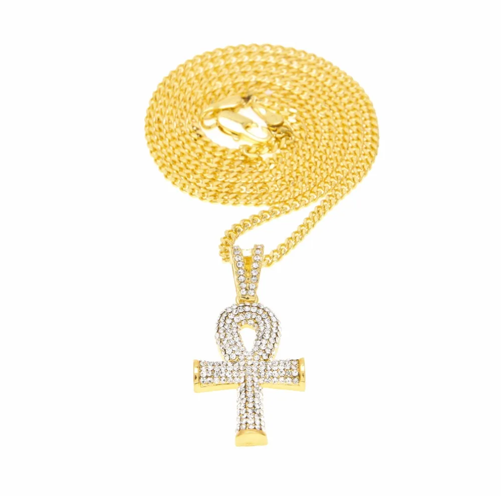 

Hip Hop Egyptian Key of Life Ankh Pendant Necklace Men's Iced out Cross charm Long cuban Link chain For women Religious Jewelry