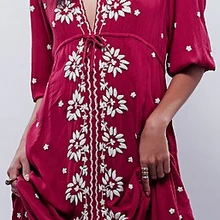 Красное вино Цветочная вышивка с рукавом до локтя миди осеннее платье с глубоким v-образным вырезом сексуальное богемное повседневное прямое весеннее женское платье