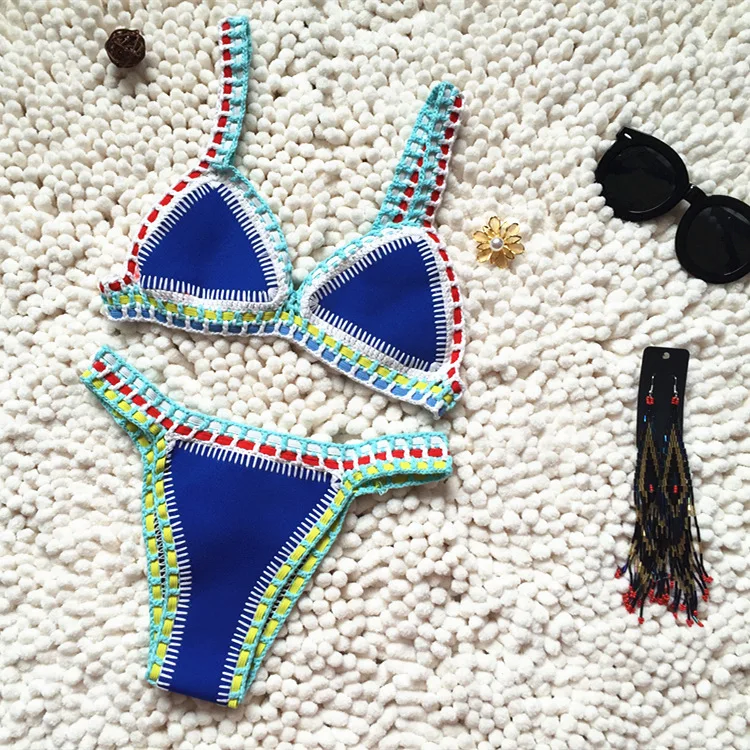 Micro Bikini 2021 Women Handmade Crochet Knit Swimwear Halter Patchwork Bathing Suit Swimsuit Biquini Thong Bikini traje de bano swimwear