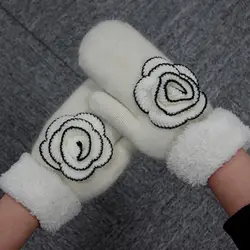Бархатные зимние перчатки, женские теплые варежки с рисунком камелии, зимние двухслойные перчатки, женские зимние варежки, вязаные