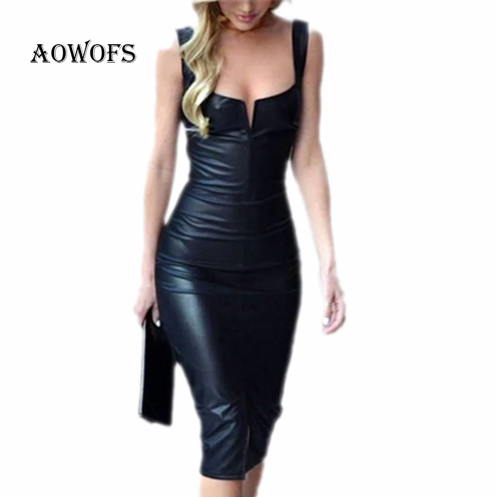 

Sexy Leather Skirt Women Bandage Bodycon Pencil Sleeveless Club Party Skirt Boat Neck Sleeveless Slim Split PU Dress Black XXL
