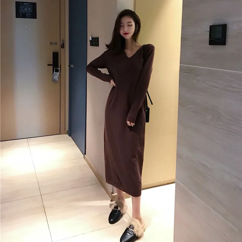 designer Brand fashion spring fall winter Women's Clothing Dress preppy style female v-neck knitted Dresses vestidos loose long