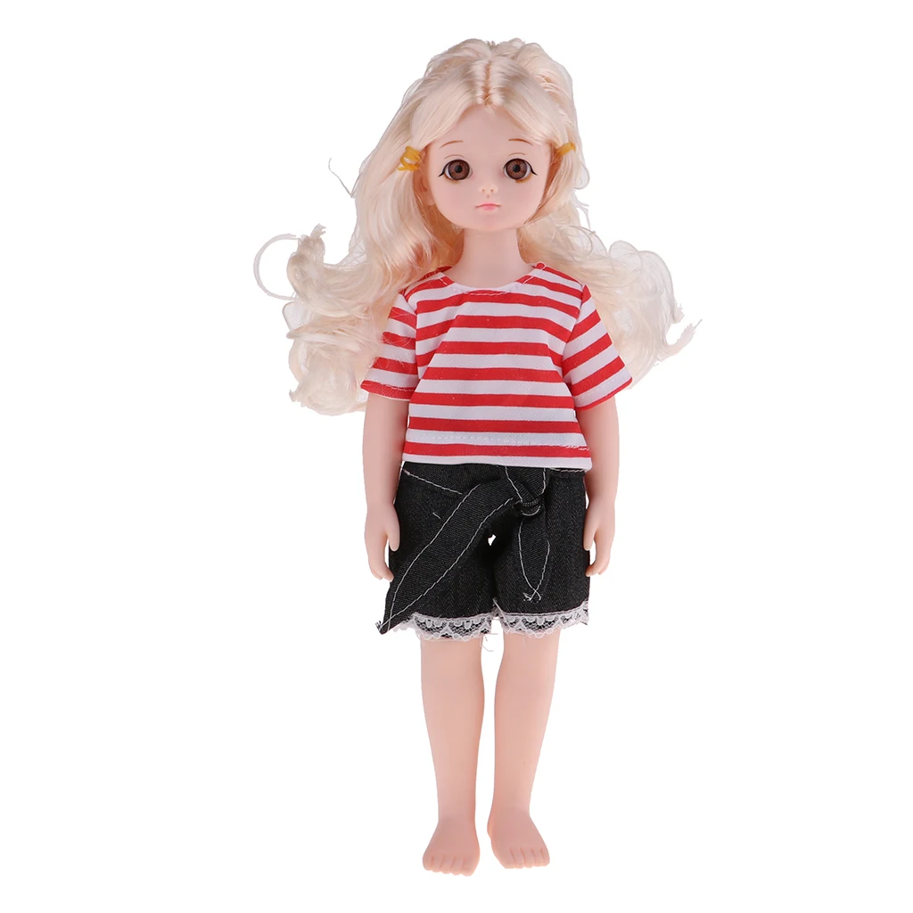 Lovely 14inch Soft Vinyl Flexible Jointed Doll Princess Girl Doll Blonde Hair Glass Eyes in Striped T-shirt and Short Pants