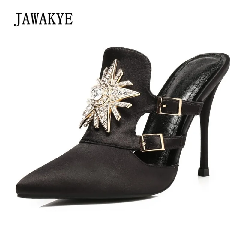 

2018 Luxury Satin Gladiator Sandals Woman Pointed Toe Rhinestone Diamond Star Hollow 9.5CM 6..5CM Heel Shoes Woman Sexy Slippers