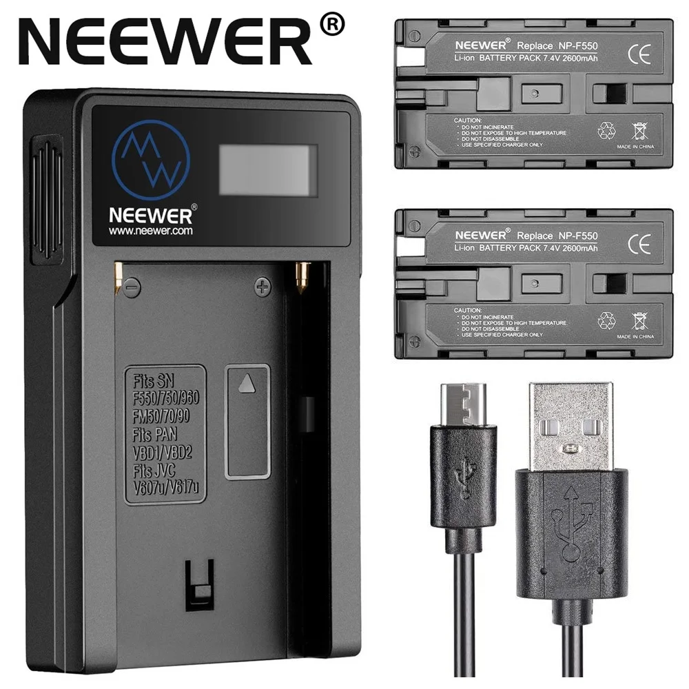 Neewer микро-usb батарея зарядное устройство+ 2 шт 2600 mAh NP-F550/570/530 запасная батарея для sony HandyCams и на камеру видео огни