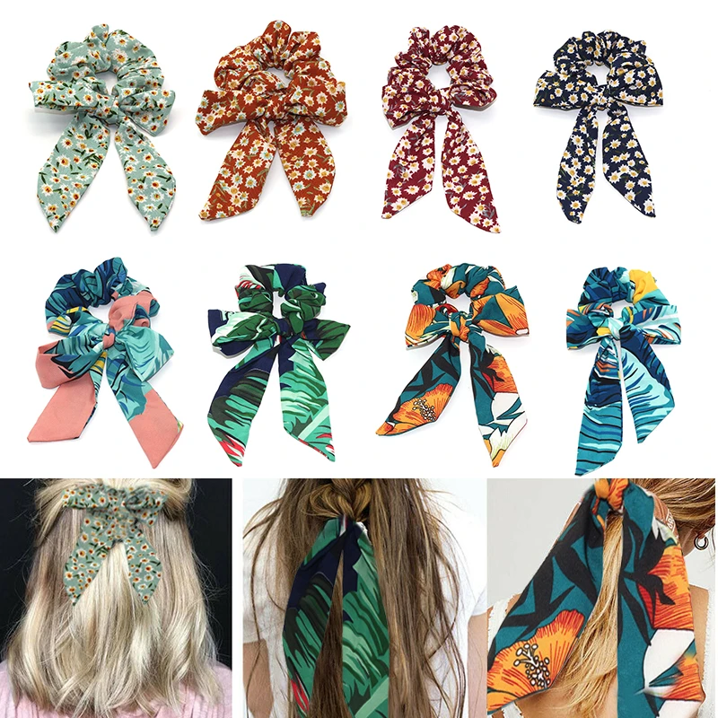 Women Boho Ponytail Scarf Hair Band Bow Floral Ties Scrunchie Ribbon Headband Women Boho Ponytail Scarf Hair Band Bow Floral Ties Scrunchie Ribbon Headband