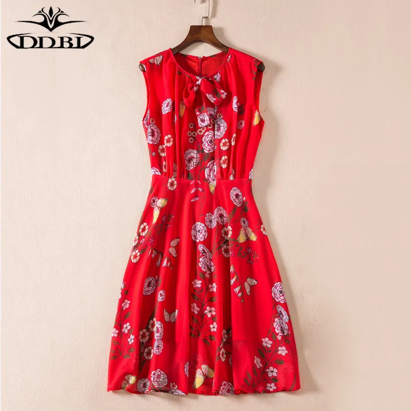 high quality summer dress red chiffon dress flowers print red dresses women 180503