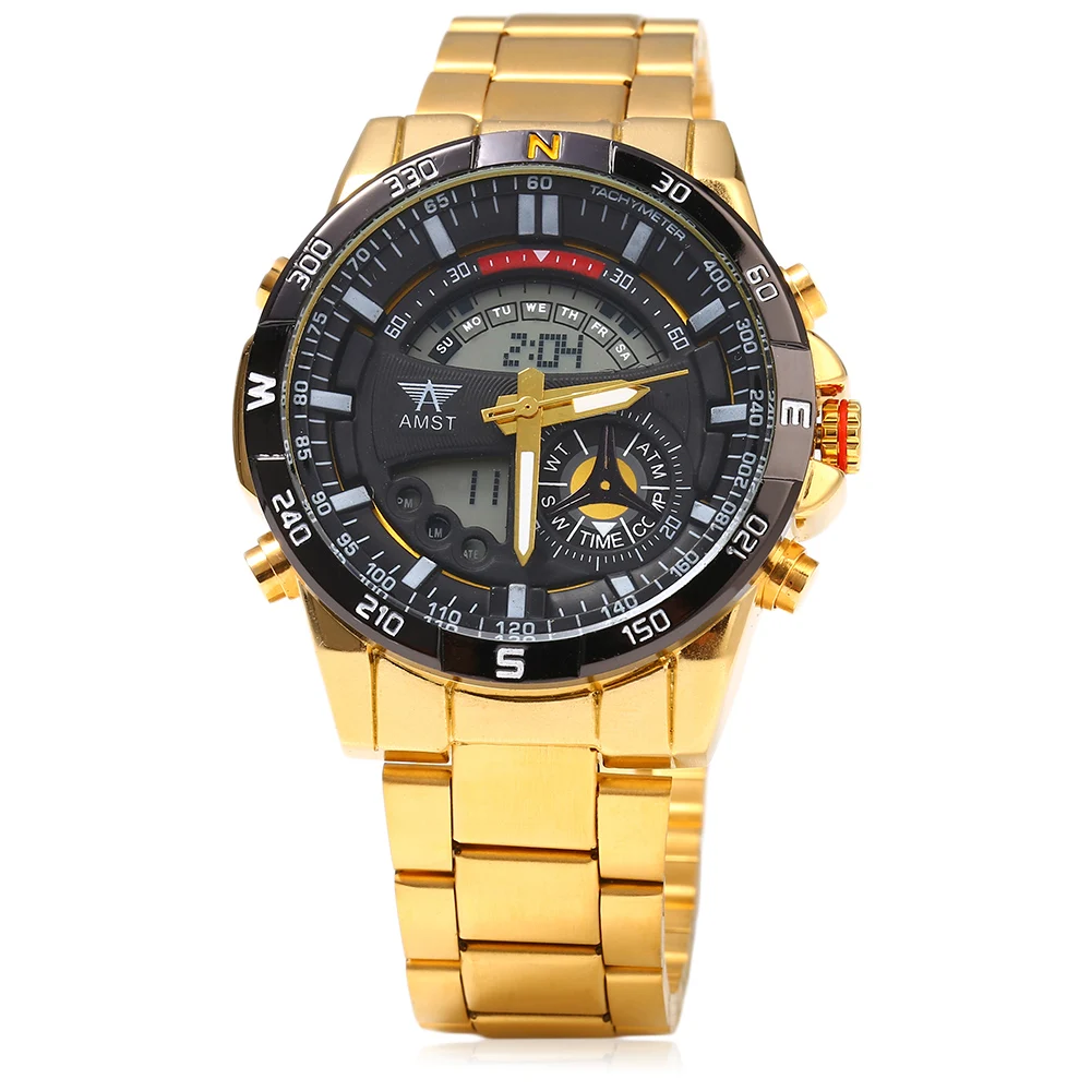 AMST Full Stainless Steel Golden Gold Men s Watch 30m Resistant LED Digital Analog Quartz Watch