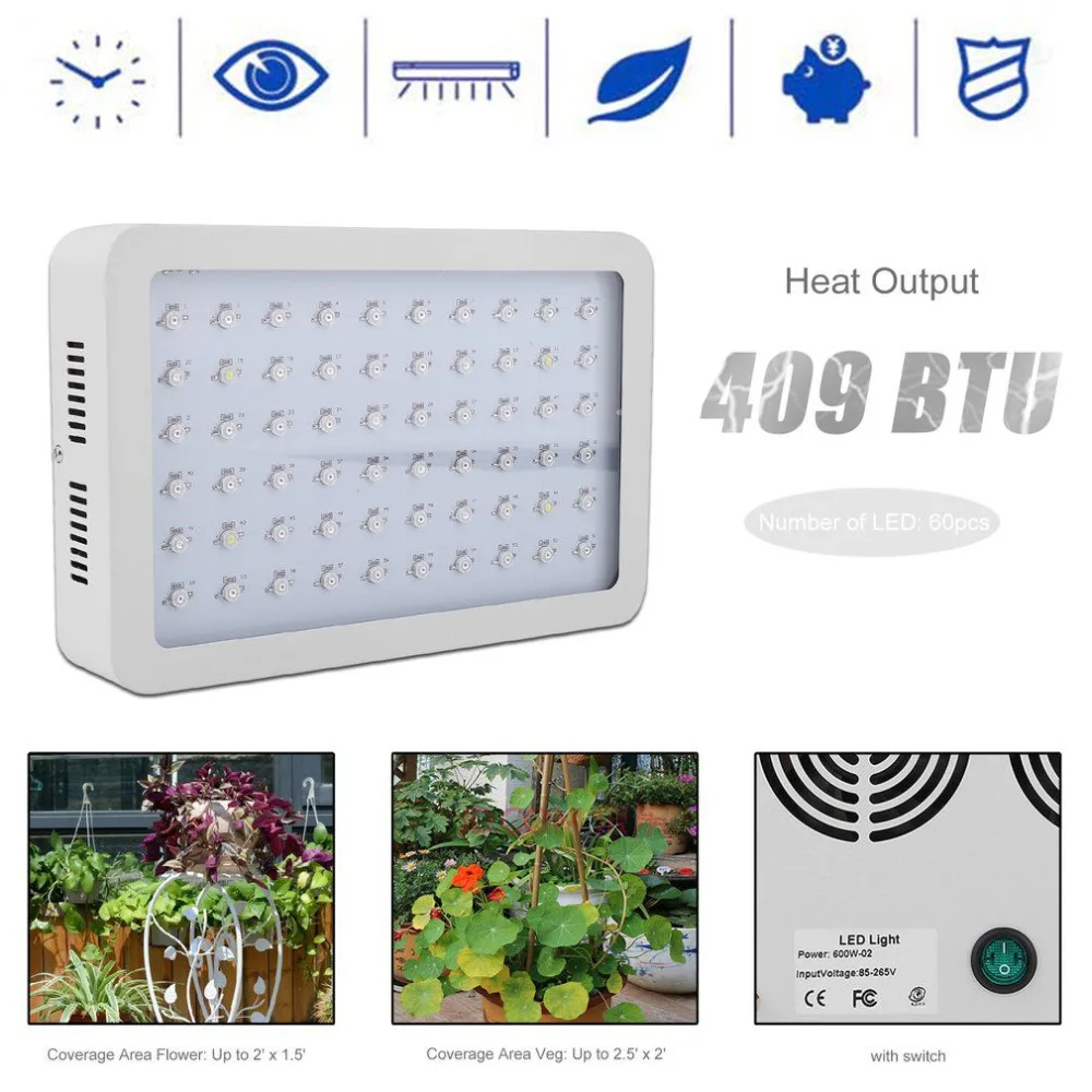 600W 60 LEDs Plant Growing Lamp Hanging Full Spectrum Grow Light with Switch Indoor Plants Vegetable Growing Hydroponics System