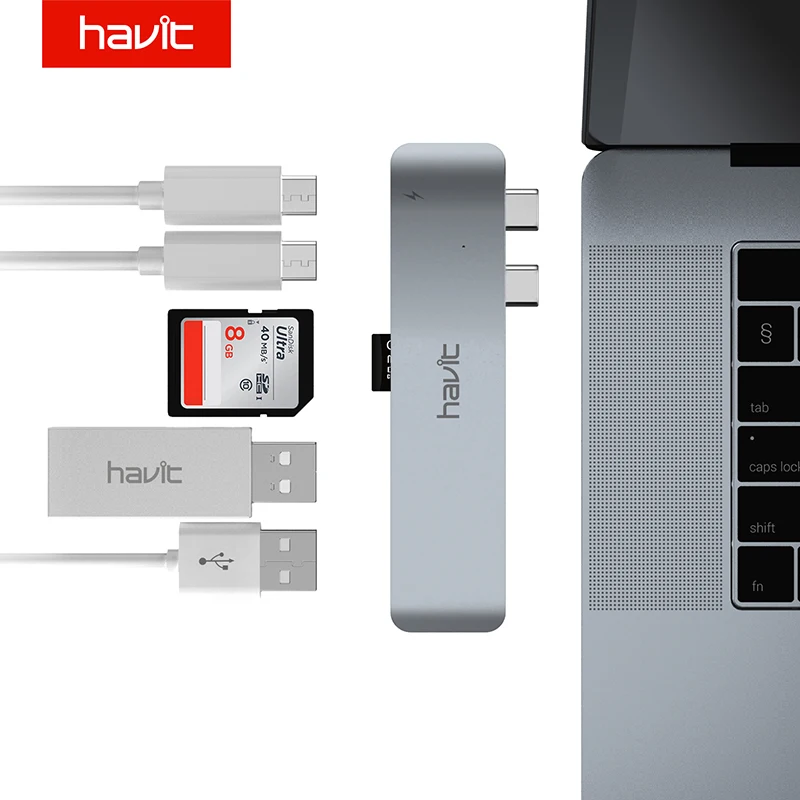 

HAVIT Dual Ports USB C Hub To HDMI Adapter 4K Thunderbolt 3 USB Type-C Hub with TF SD Slot PD for 2016/2017 MacBook Pro 13"/15"