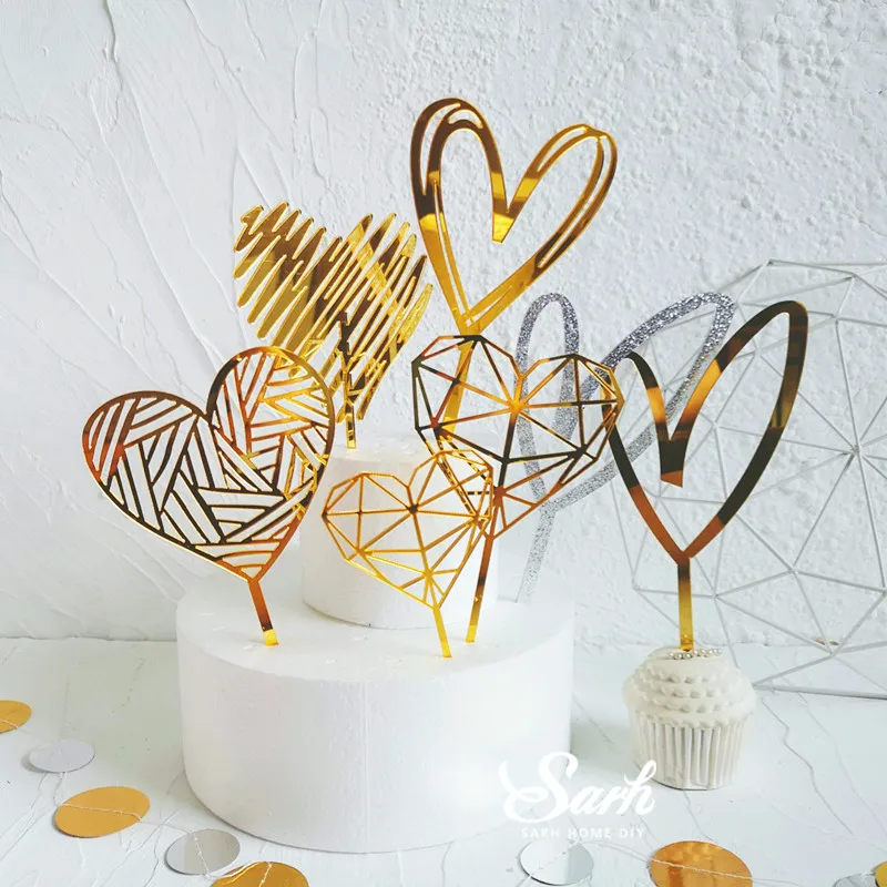 Золото Серебро акрил сердце коллекция торт Топпер десерт украшения для дня рождения милые подарки