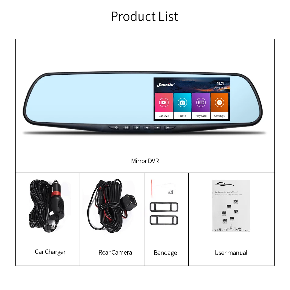 Jansite 4,3 дюймовый автомобильный видеорегистратор для автомобиля с сенсорным экраном 1080P дисплей с двойным объективом Автомобильная камера видеорегистратор зеркало заднего вида с задней камерой