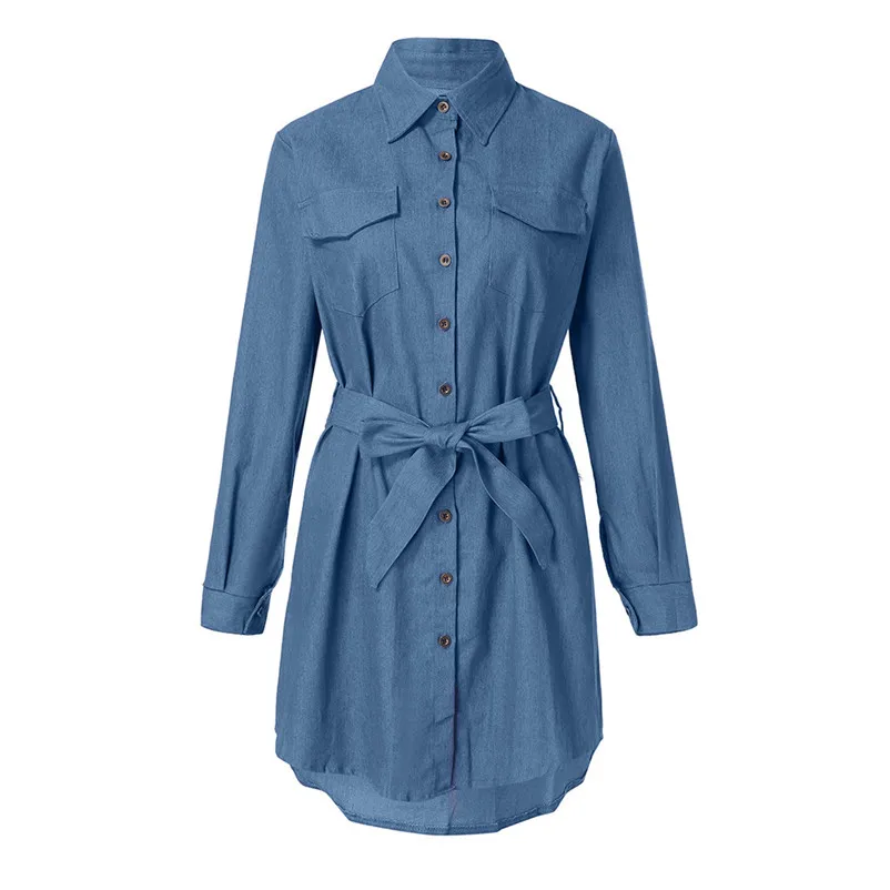 Fashion casual dress 2018 women autumn Button Down Denim Dress Ladies Belted Jeans Long Tops Shirt Dress vestido O26#N (9)