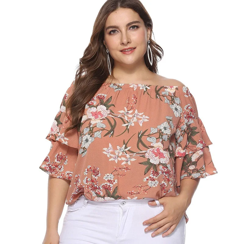 

WHZHM Chiffon Flower Tops Women Summer t shirt Ladies Plus Size 3XL 4XL 5XL O- Neck Short Flare Sleeve Casual T shirt Female