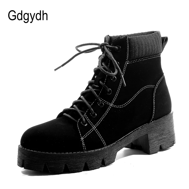 

Gdgydh Sewing Platform Shoes Women Lacing Motorcycle Boots Warm Black Ankle Boots for Women Flock Autumn Shoes Chunky Mid Heels