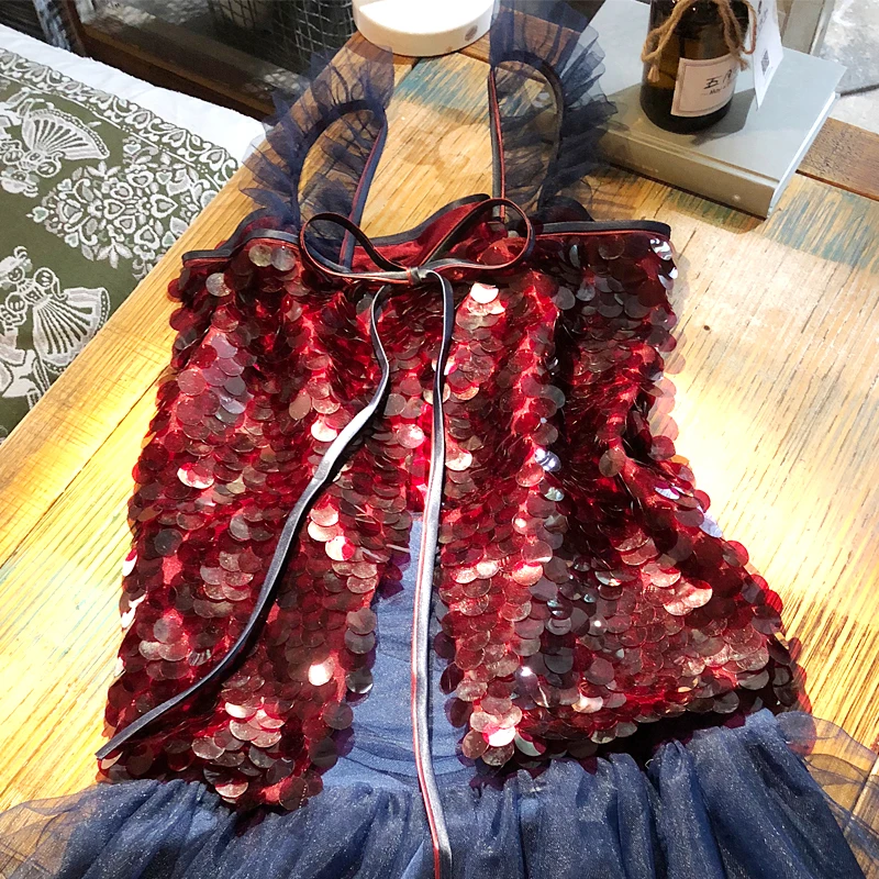 

Cakucool Red Wine Sequins Sleeveless Blouse Women Summer Mesh Back lace-up Bow Tie Slit Sexy Tank Tops Bling Shiny Shirt Femme