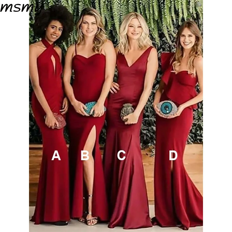 

2019 Simple Mermaid V-Neck Red Bridesmaid Dresses Sleeveless Side Split Cheap Long Bridesmaid Dresses Custom Made