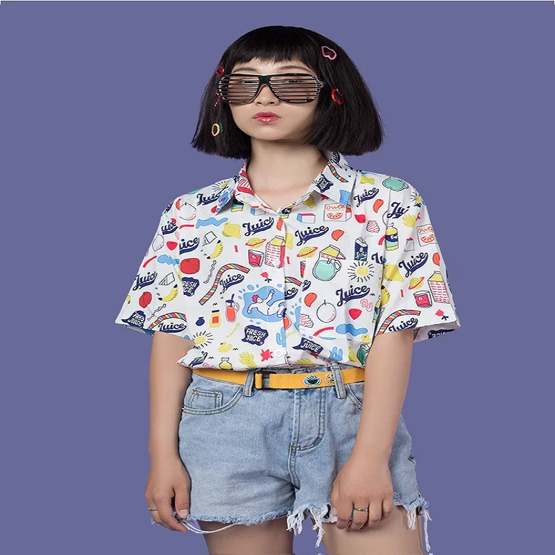 

Harajuku New Design Women Summer Blouse White Cartoon Print Turn Down Collar Short Sleeve Ladies Shirt Top