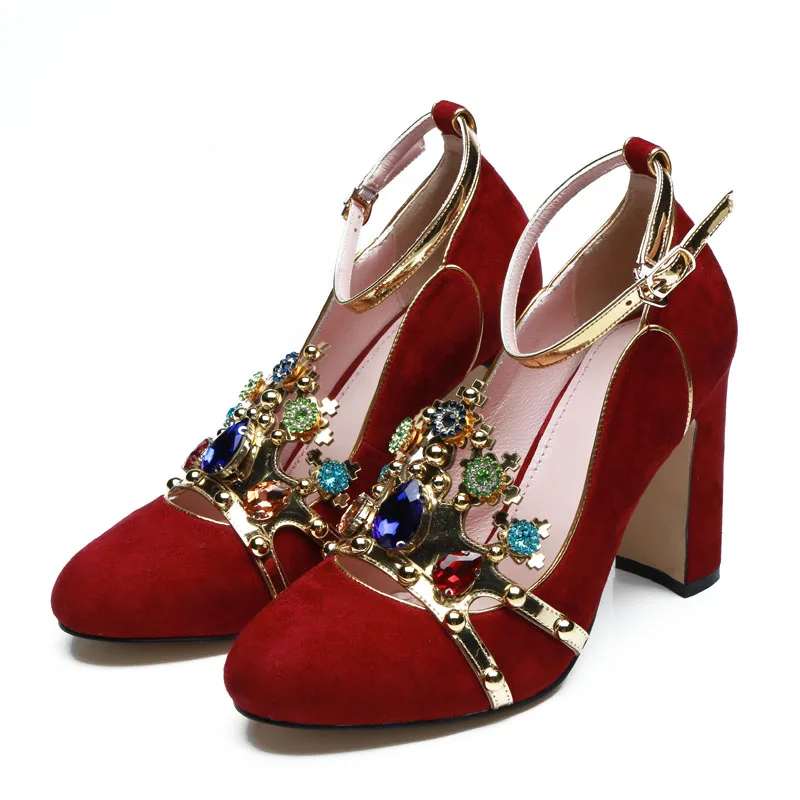 

2018 Luxury Handmade Jewelled Wedding Shoes Woman Round Toe Chunky High Heel Shoes Woman Fashion Suede Mary Janes Pumps
