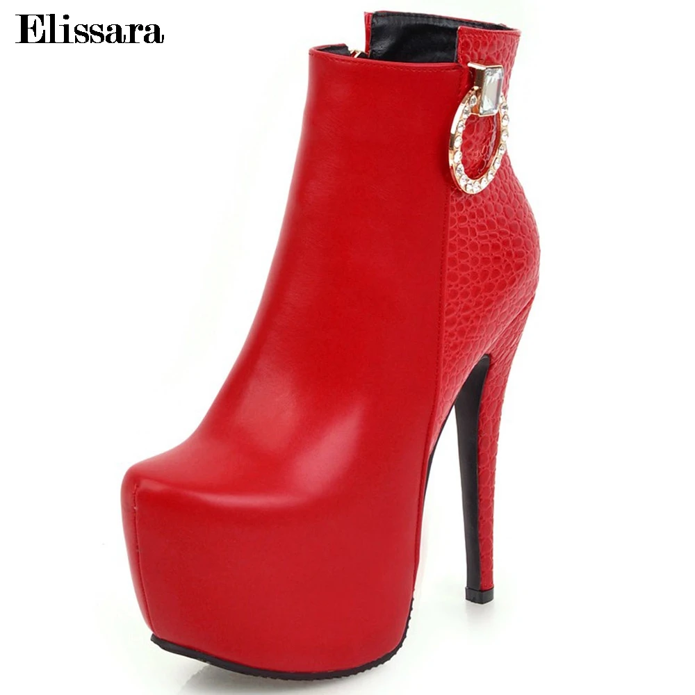

Elissara Women Winter Boots Women High Heesl Ankle Boots Woman Round Toe Zip Platform inside Boots Shoes Plus Size 33-47