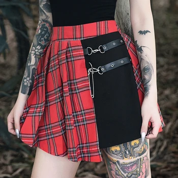 

Gothic Punk Skirts Women Red Plaid Pleated Ball Gown High Waist Patchwork Mini Skirt Fashion Streetwear Buckle Female Goth Skirt