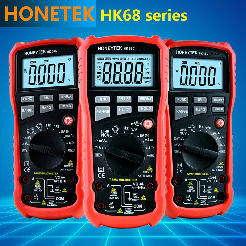 

HK68A/HK68B/HK68C Auto Ranging Electronic Voltage Multi Meter Volt Amp Ohm Diode, Continuity Tester with Backlit LCD Multimeter