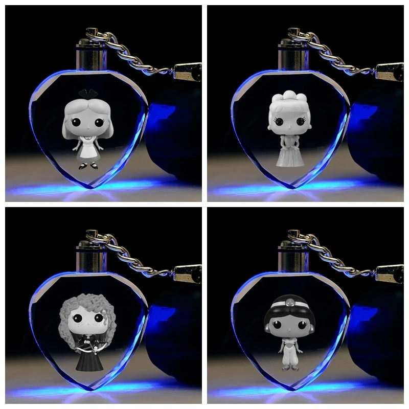 

Alice Cinderella Princess Heart Shape Anime LED Key Chains LOGO model Keyring Crystal Toy Keychain Light Keyholder Gift lover