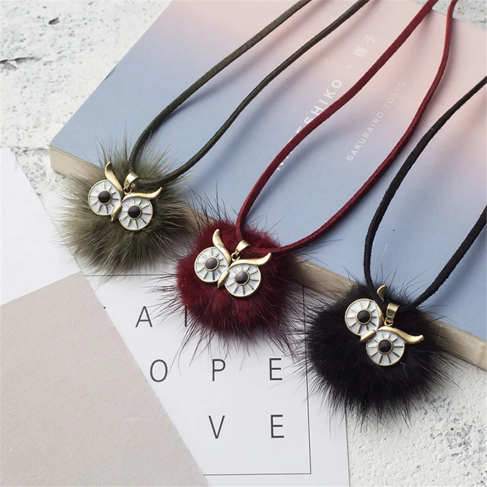 

New plush hair ball lovely owl pendant necklace Trendy leather rope long sweater chain winter cute necklaces for women female