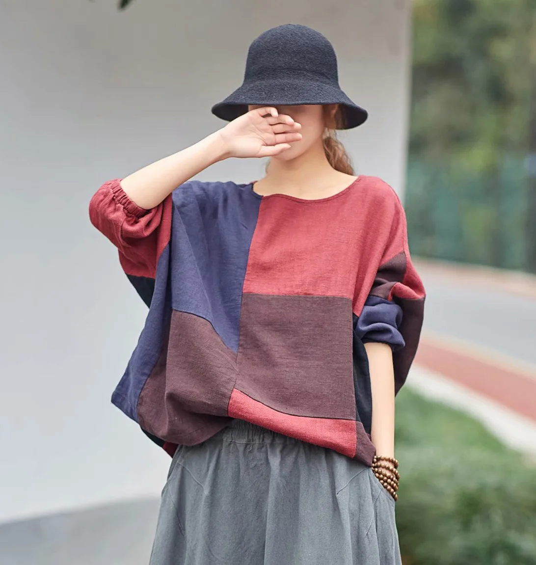 

Women Spring Summer Cotton Linen Patchwork Colors T-shirt Tees Tops Shirt Ladies Bat Sleeve Tops Plus Size T shirt 2019 Loose