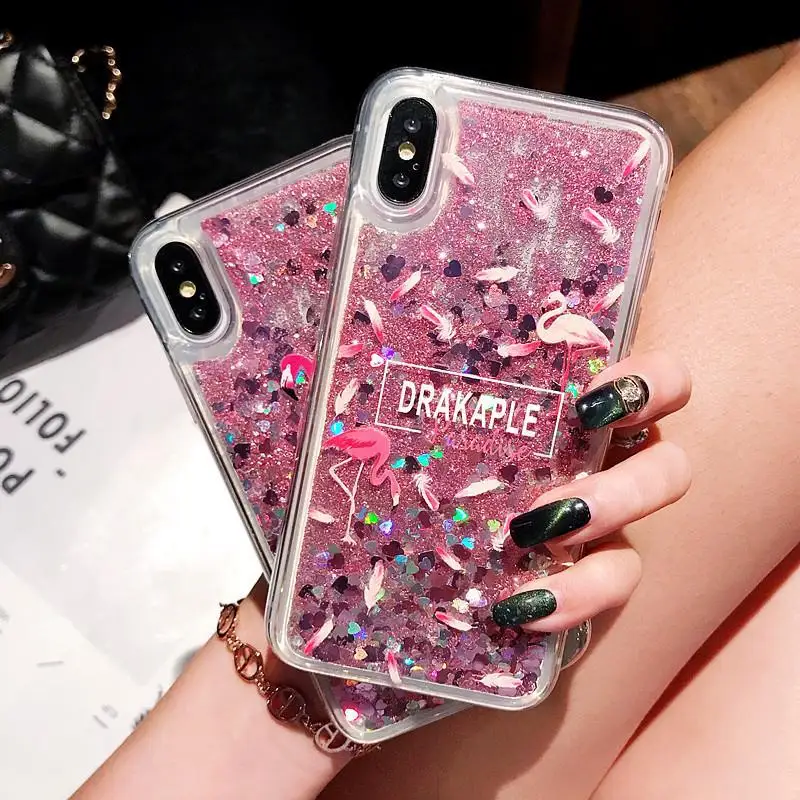 

Flamingo Phone Cases For iPhone 6 6s Plus Bling Dynamic Love Hearts Sequins Back Cover Quicksand Case For iPhone XR XS MAX X 7 8