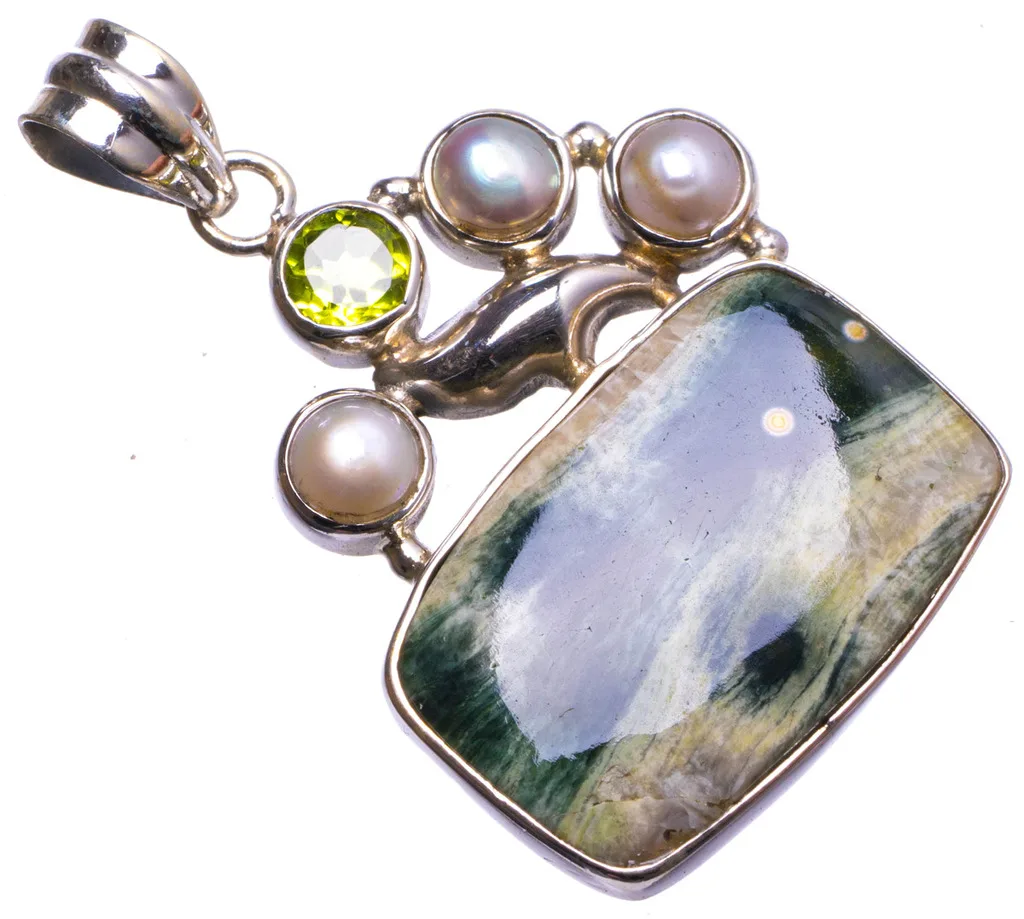 

Natural Ocean Jasper,River Pearl and Peridot Handmade Unique 925 Sterling Silver Pendant 1.5" X1564