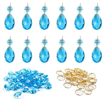 

12Pcs 38mm Galss Crystal Teardrop Chandelier Prisms Parts Hanging Pendants Beads +50x Split Ring + 50x 14mm Octagonal Beads Blue