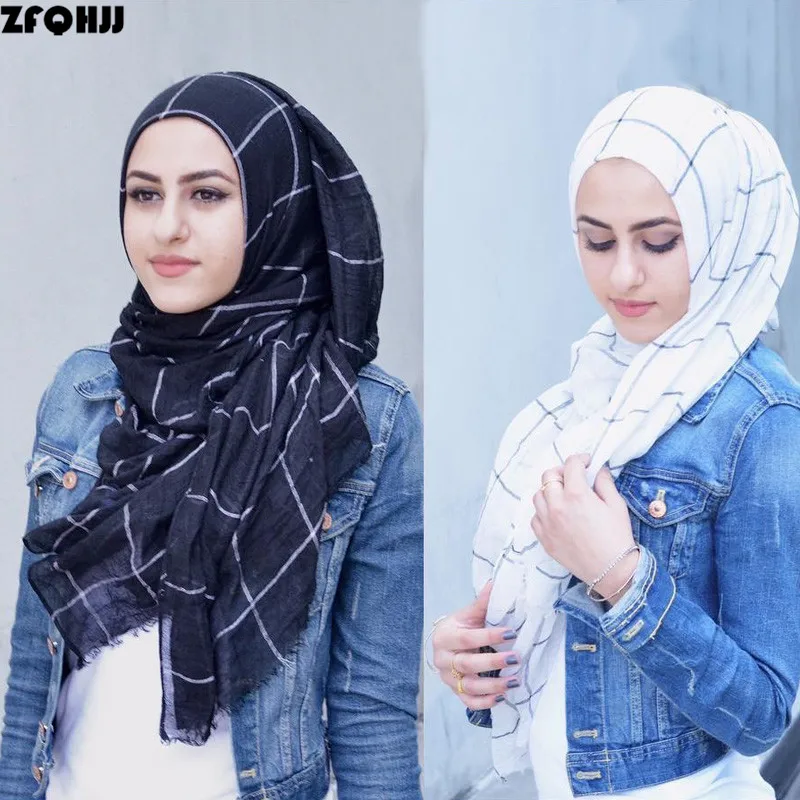 

Classic Plaids Tartan Cotton Voile Muslim Hijab Scarf for Ladies Long Cross Stripes Double Color Islamic Hijabs Shawl Wrap Scarf